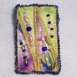 Lime Lavender Rectangle Beaded Art Quilt Pin, Pendant,  Sue Andrus
